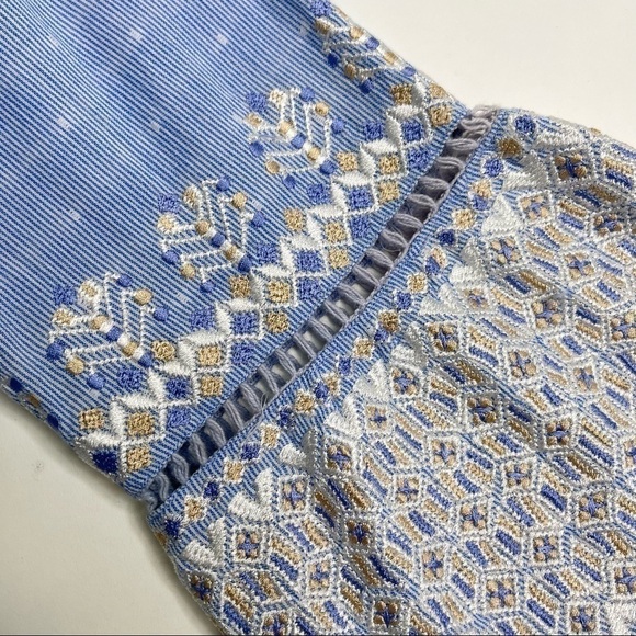 Rungolee Boho Blue Chambray Cottagecore Embroidered Bell Sleeve Tassel Dress - Picture 11 of 17